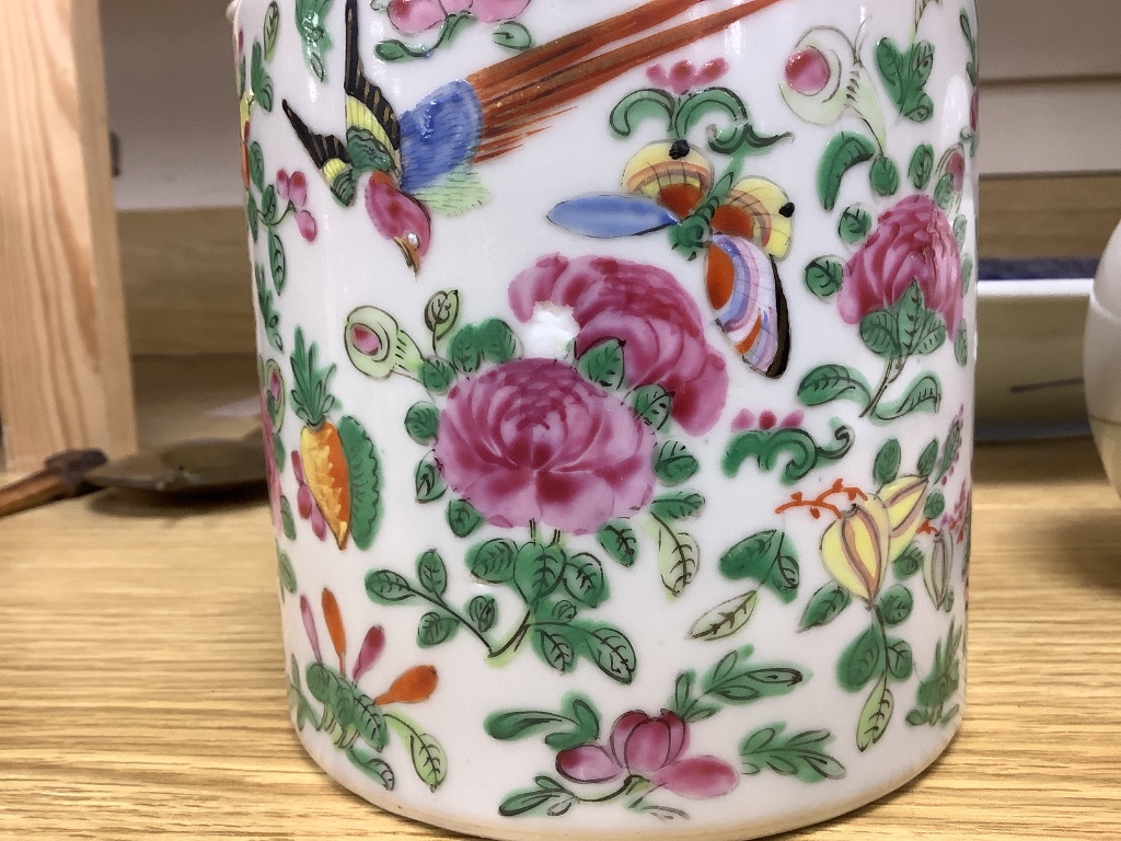 A Chinese famille rose tea pot and a similar jar and cover, tallest 14cm